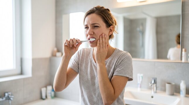 Young Woman Brushing Teeth with Toothache Dental Pain Oral Hygiene Problem Concept