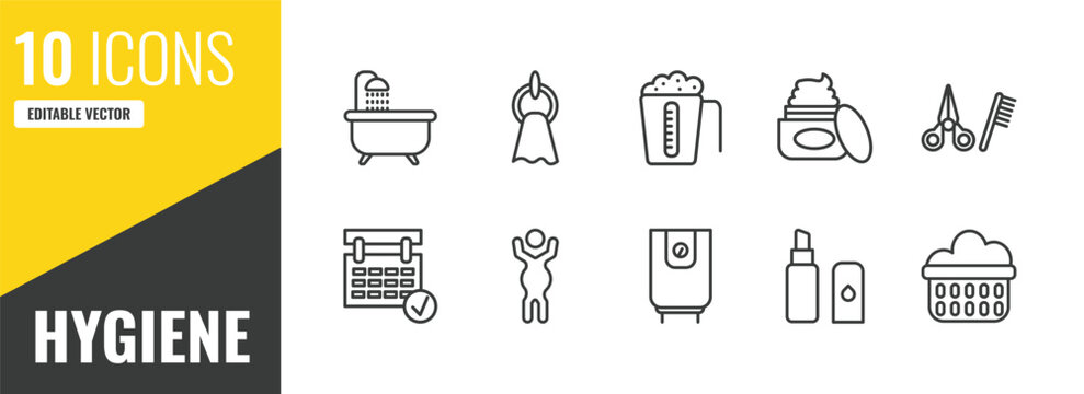hygiene outline icon set. 10 linear vector for ui, web and mobile. thin line bathroom, face towel, detergent dose icons.