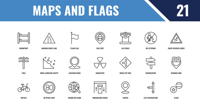 maps and flags outline icon set. linear vector for ui, web and mobile. thin line narrow right lane, right reverse curve, road left side icons.