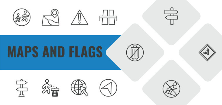 maps and flags outline icon set. linear vector for ui, web and mobile. thin line school zone, map localization, caution icons.