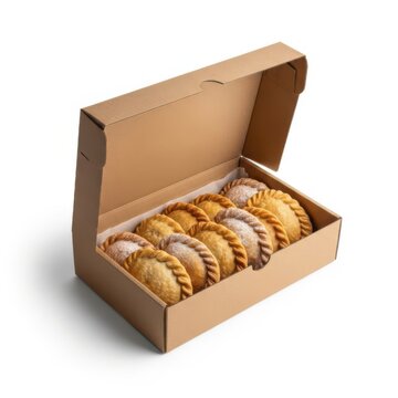 Fresh empanadas in a brown cardboard delivery box