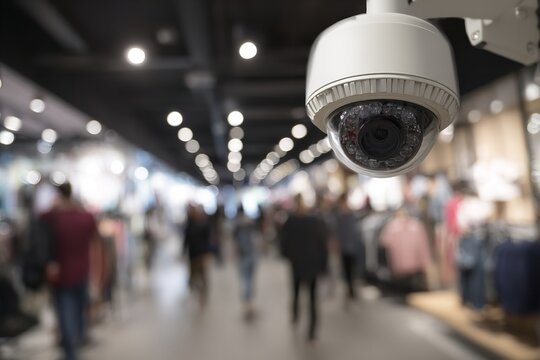 A white surveillance security dome camera is mounted on a ceiling in a blurry retail shopping store environment featuring soft overhead lighting and neutral color tones