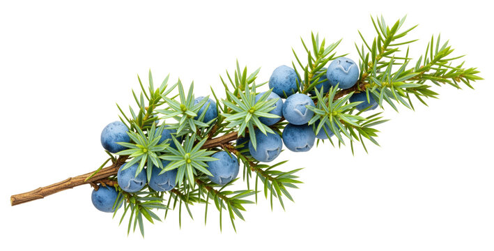 Juniper berry branch cutout for gin flavoring, herbal tea packaging and culinary spice artwork with ripe cones, needle foliage and transparent use for food, wellness, aromatherapy