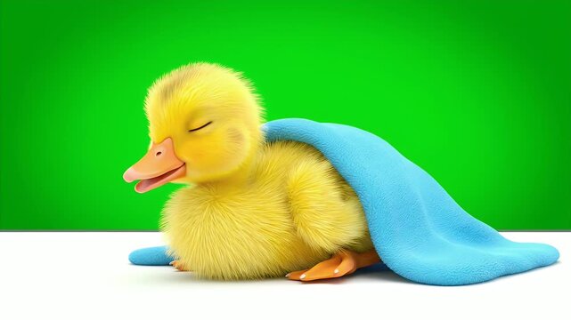 Charming 3D Render of a Fluffy Yellow Duckling Sleeping Peacefully Wrapped in a Soft Blue Blanket Against a Vibrant Green Screen