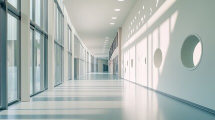 Obraz premium Minimalist architectural hallway featuring large windows and circular wall openings, illuminated by strong sunlight creating abstract shadows and a sense of depth and cleanliness