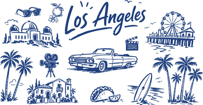 Los Angeles Travel Icon Set with Palm Trees, Pier, Classic Car, Surfboard and Hollywood Elements