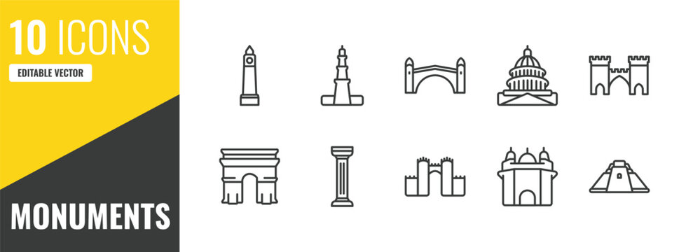 monuments outline icon set. 10 linear vector for ui, web and mobile. thin line clock tower, qutb minar in new delhi, stari most icons.