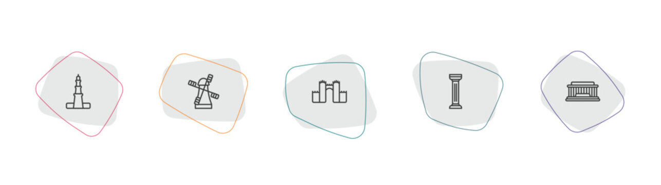 monuments outline icon set. linear vector for ui, web and mobile. thin line qutb minar in new delhi, kinderdijk windmills, medieval walls in avila icons.