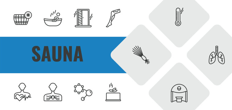 sauna outline icon set. linear vector for ui, web and mobile. thin line cold plunge, 2steam bath, irish steam bath icons.