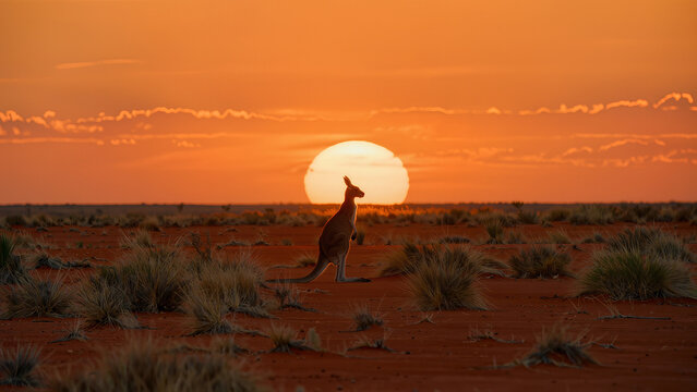 Red kangaroo silhouette in the Australian outback at sunset, wild nature of Australia.