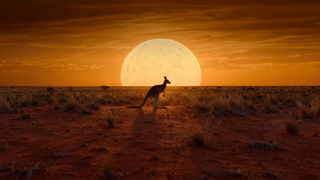 Red kangaroo silhouette in the Australian outback at sunset, wild nature of Australia.