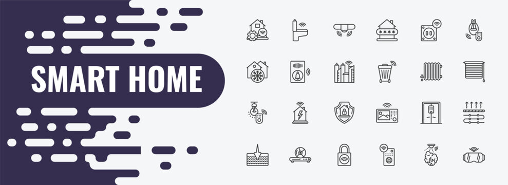 smart home outline icon set. linear vector for ui, web and mobile. thin line smart toilet, sensor, smart plug icons.