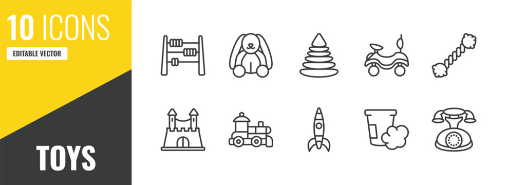 toys outline icon set. 10 linear vector for ui, web and mobile. thin line abacus toy, bunny toy, pyramid toy icons.