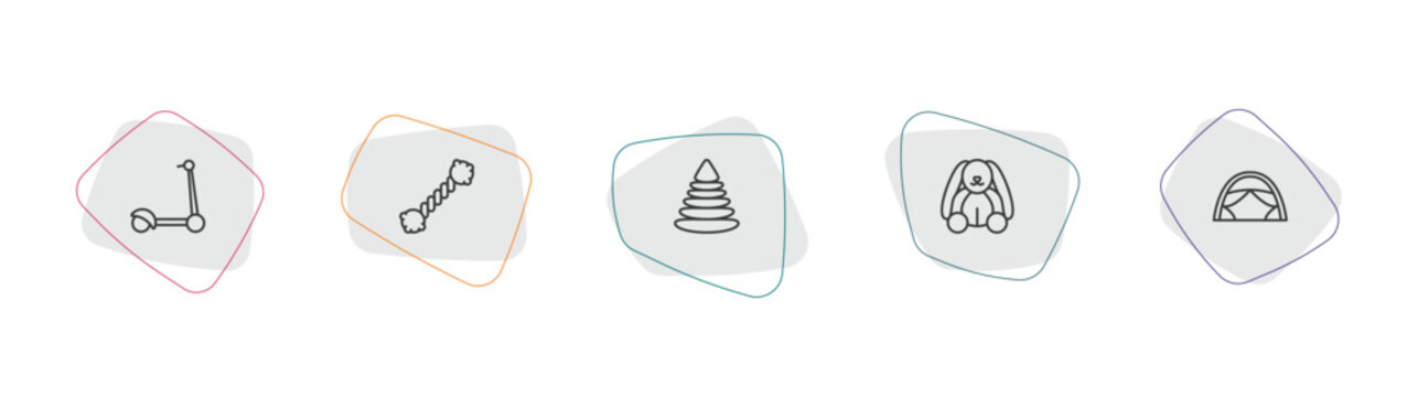 toys outline icon set. linear vector for ui, web and mobile. thin line scooter toy, puppy toy, pyramid toy icons.
