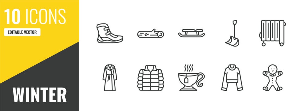 winter outline icon set. 10 linear vector for ui, web and mobile. thin line winter boots, logs, sled icons.