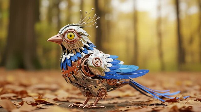 Steampunk bird with blue feathers and gears in autumn forest