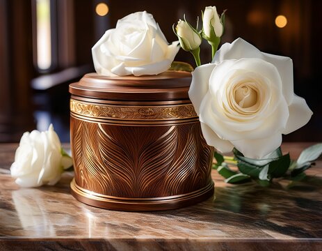 elegant wooden cremation urn adorned with intricate golden details and delicate white rose cremation urn rests gracefully on dark marble pedestal bathed in soft natural light