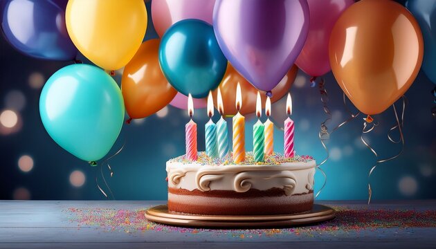 hyper realistic photo of birthday party balloons colourful balloons background and birthday cake with candles copy space copy space for text