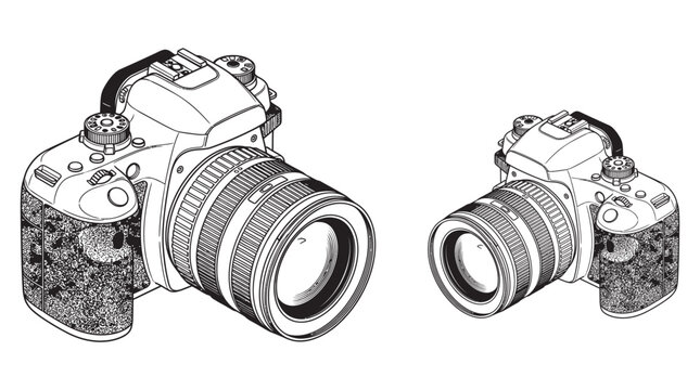Professional DSLR cameras in isometric view isolated on white background as detailed black and white line art vector illustration World Photography Day