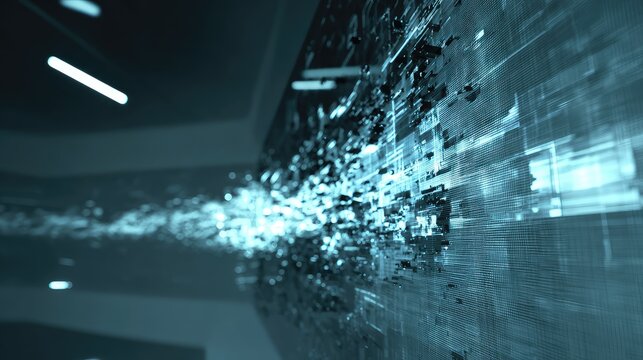 Digital grid surface disintegrating revealing data stream