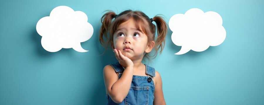 Little girl with pigtails ponders next to empty speech bubbles. Child contemplates questions or ideas against blue background. Young kid thinks, curious about something.