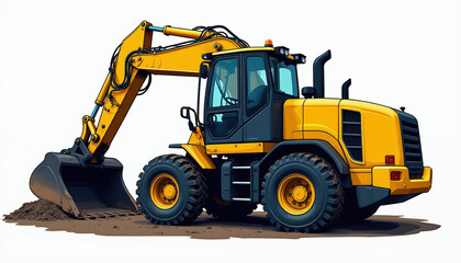 Fototapeta premium Yellow excavator with large bucket digs in dirt. Heavy construction equipment works on building site. Industrial machine performs ground work and excavation tasks.