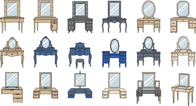 Set of Various Dressing Tables and Vanity Mirrors Featuring Classic Vintage Styles Modern Makeup Desks and Elegant Beauty Furniture for Bedroom Interior Design Projects