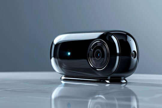Modern sleek webcam with matte black finish and blue LED indicator on gray studio background, techno-minimalism computer peripheral for video conferencing product shot