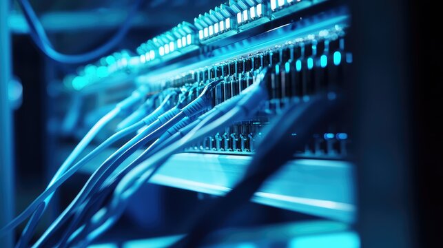 Server rack with network cables connecting data center equipment