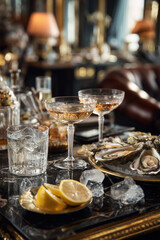 Fototapeta premium Luxurious oyster and cocktail arrangement on an elegant bar table with chilled champagne coupes, crystal glassware, lemon wedges, and warm ambient lounge lighting.
