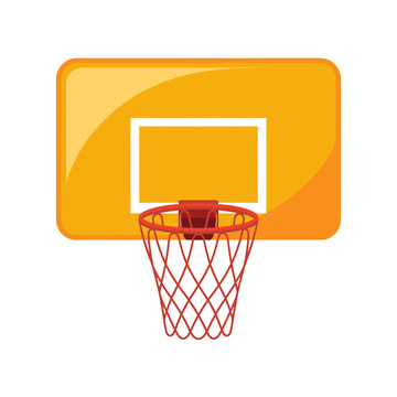Basketball hoop with orange backboard and red net on white background