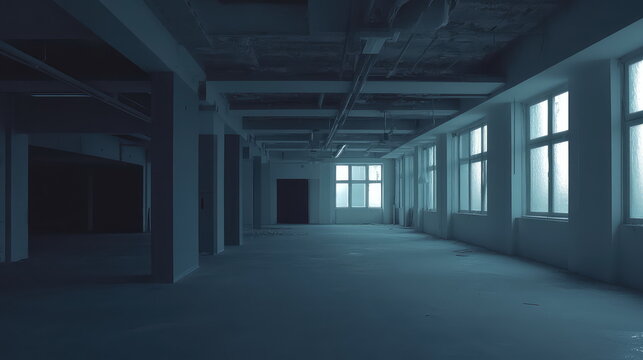 Empty long hall in an industrial building featuring multiple windows emitting cold light and rough surfaces, conveying a sense of abandonment and urban decay