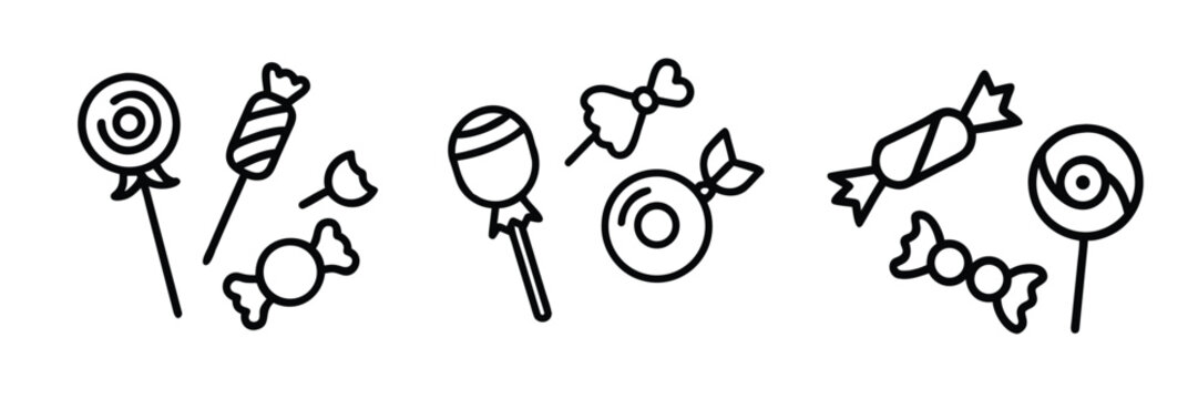 Sweet candy web line icons set lollipop chocolate birthday party dessert sugar treats web line icons set & more vector illustration on editable stroke