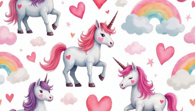 White unicorns with pink manes and tails parade across white background. Hearts and pastel rainbows float near clouds and small stars. Whimsical pattern suitable for kids party decor or bedding.