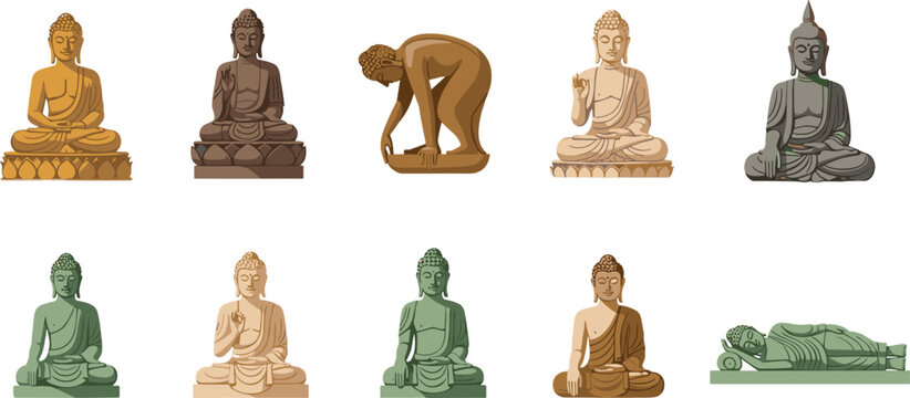 Set of Various Buddha Statues Featuring Different Mudras and Poses Including Sitting Meditating and Reclining Styles for Spiritual Peace and Zen Culture Graphic Designs