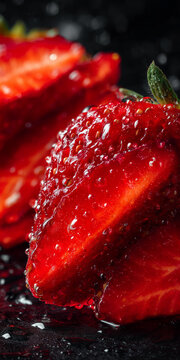 Juicy ripe strawberry in dramatic macro close-up with water droplets glistening on its surface, set against a dark background, highlighting freshness, texture, and vibrant red color for food and bever