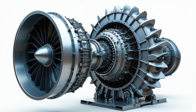 Detailed illustration of modern jet engine turbine. Shows complex engineering and internal components. Powerful machinery for aerospace or industrial applications. Futuristic power generation concept.