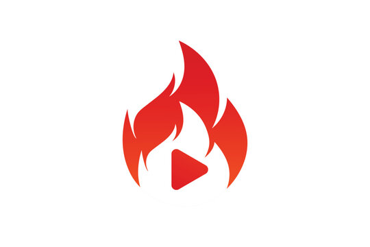 Vector illustration of a stylized red and orange flame icon with a white play button triangle centered inside