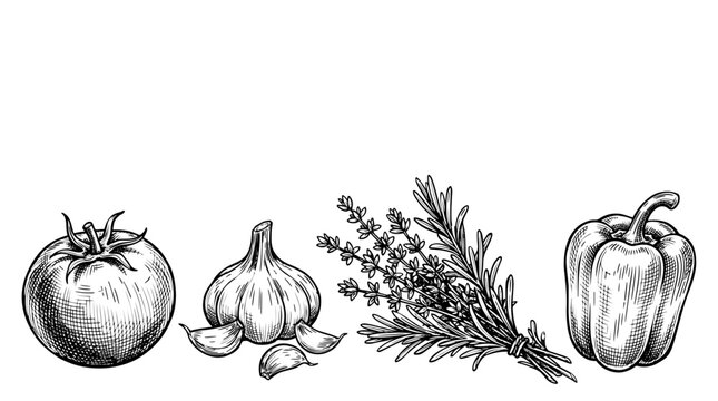 Hand Drawn Food Ingredients Line Black and White Banner with Copy Space