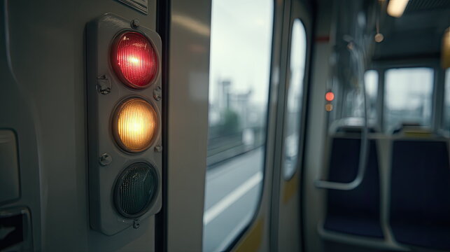 Subway train interior featuring a traffic signal with red and yellow lights illuminating, indicating a warning or halt during urban transit and commuting between stations
