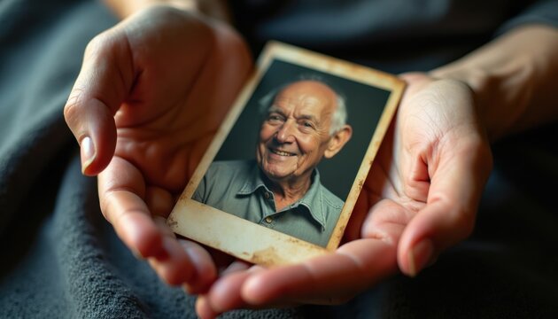 Hands hold old photo of smiling elder man. Person cherishes memory of deceased loved one. Nostalgic moment connects living with past relative. Deep emotions felt looking at image.