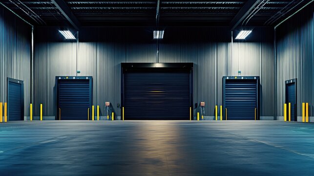 Empty industrial warehouse interior with multiple roll up loading dock doors, corrugated metal walls, concrete floor, overhead lighting and yellow bollards for logistics use