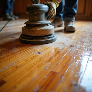 Worker sands wood floor with buffer machine. Dust from sanding covers shiny timber planks. Renovator refinishes surface for home improvement project.