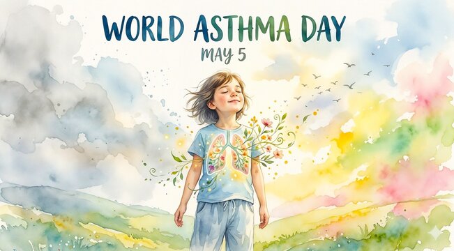 World Asthma Day Watercolor Illustration &ndash; Hope, Breathing Freedom, Lungs Health Awareness, May 5