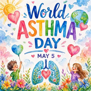 World Asthma Day Watercolor Illustration &ndash; Hope, Breathing Freedom, Lungs Health Awareness, May 5