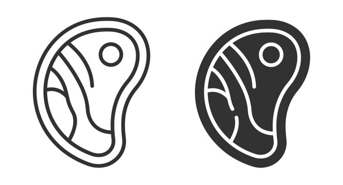 Meat steak icon set, black and white line art and solid style vector illustration on transparent background