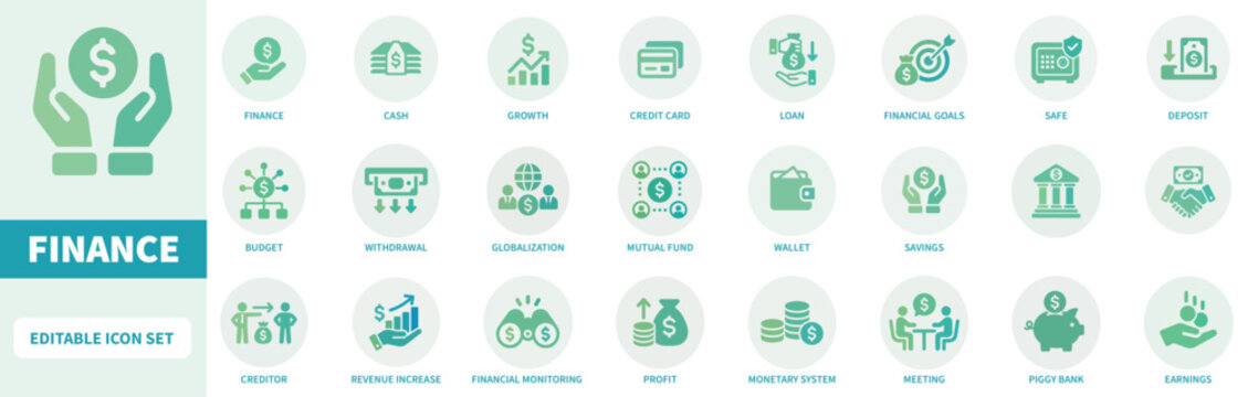 Set of flat finance and banking vector icons featuring revenue growth, digital wallet, investment, and global monetary system symbols