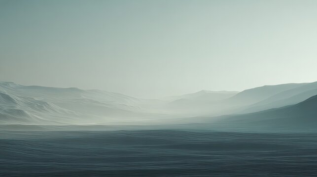 Abstract coastal landscape creating a serene mood with rolling waves meeting misty mountains under a hazy sky, emphasizing tranquility and natural beauty