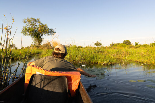 child in traditional makoro boat, navigating the Okavango Delta, Botswana, Africa