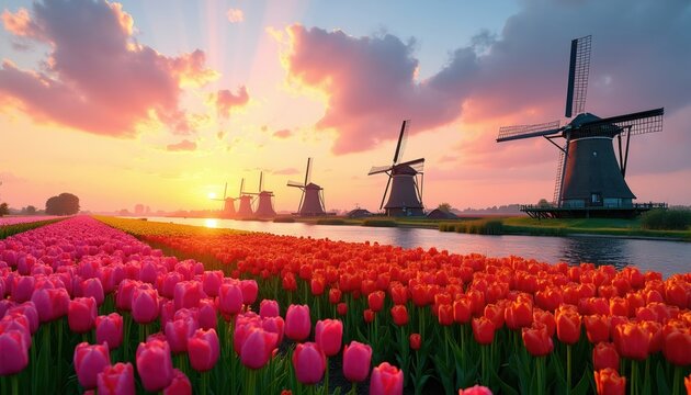 Dutch windmills stand by canal water with fields of pink and red tulips. Scenic sunset sky with pink clouds over rural landscape, traditional architecture, spring bloom.